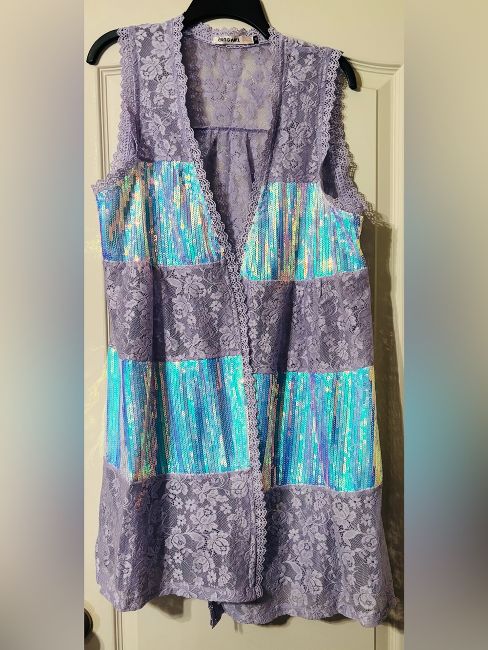 Origami Lavender Lace Vest with Iridescent Sequin Panels